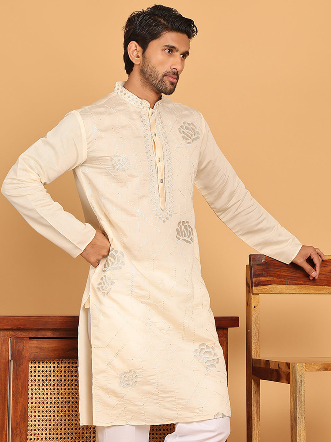 Men's Sequins and Embroidered Kurtas. ( KO 5159 Cream )