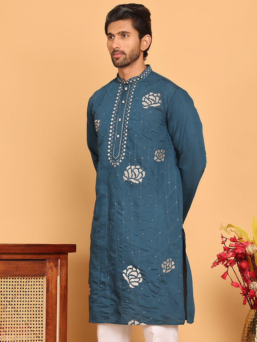 Men's Sequins and Embroidered Kurtas. ( KO 5159 Peacock )