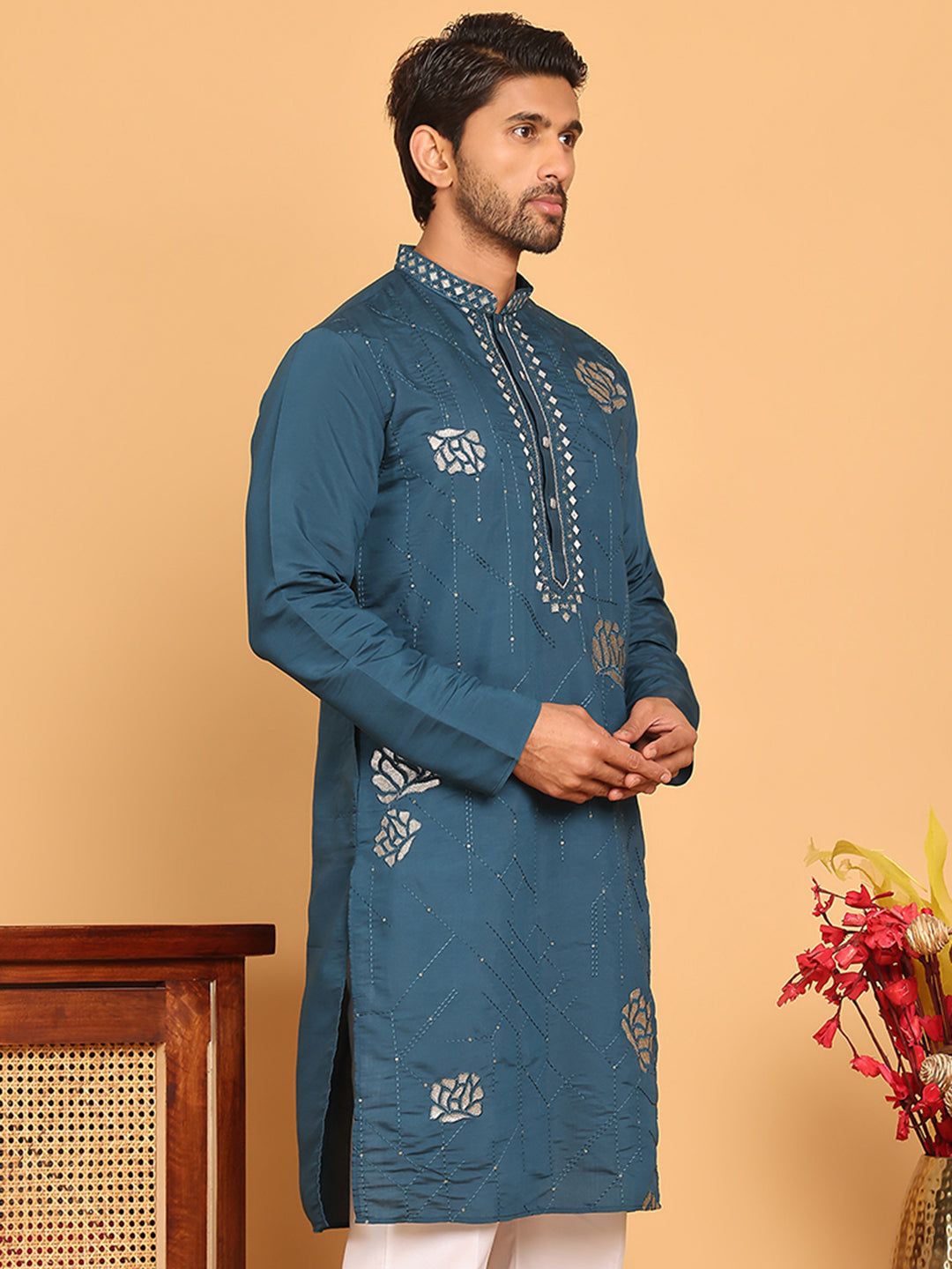 Men's Sequins and Embroidered Kurtas. ( KO 5159 Peacock )