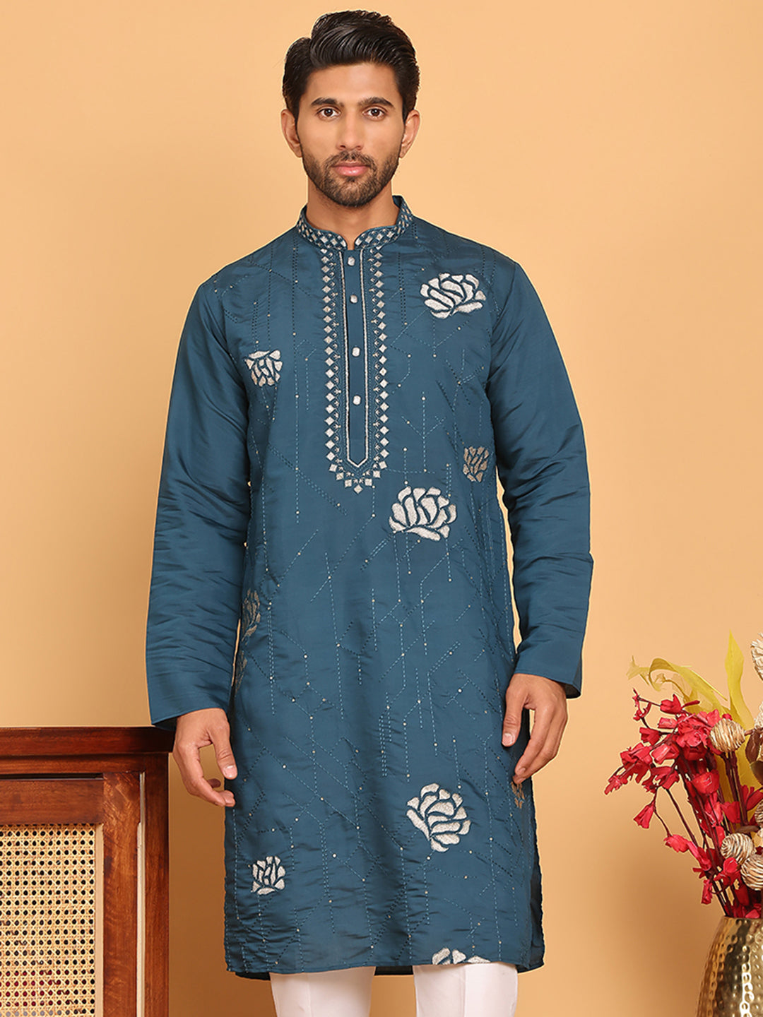 Men's Sequins and Embroidered Kurtas. ( KO 5159 Peacock )