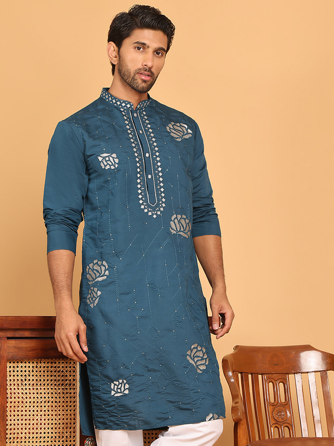 Men's Sequins and Embroidered Kurtas. ( KO 5159 Peacock )