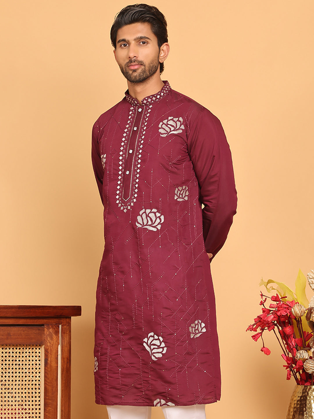Men's Sequins and Embroidered Kurtas. ( KO 5159 Wine )