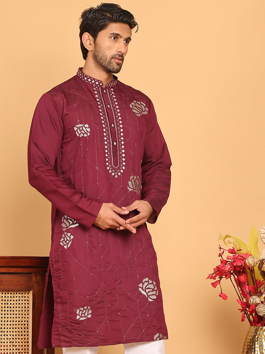Men's Sequins and Embroidered Kurtas. ( KO 5159 Wine )