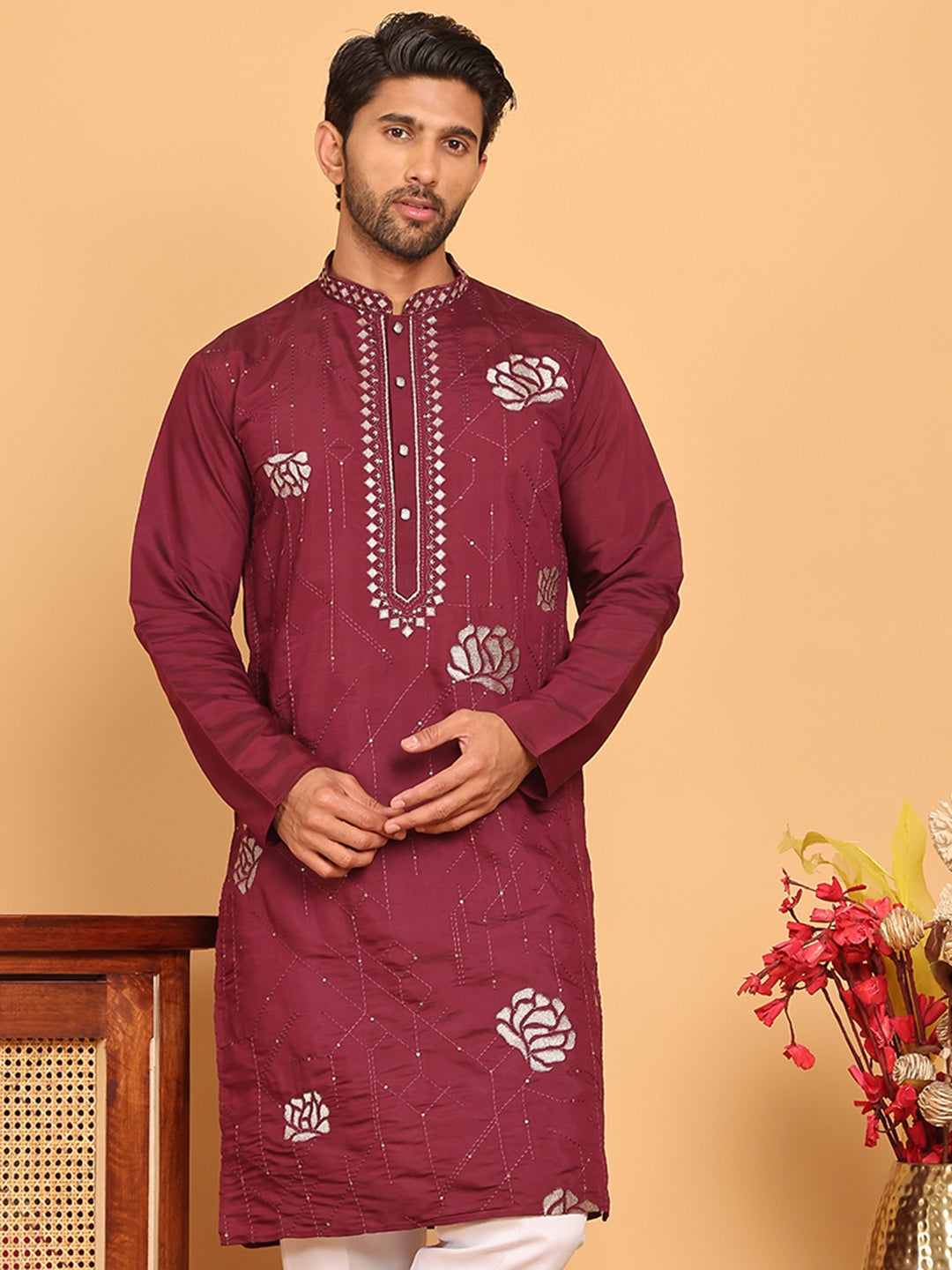 Men's Sequins and Embroidered Kurtas. ( KO 5159 Wine )
