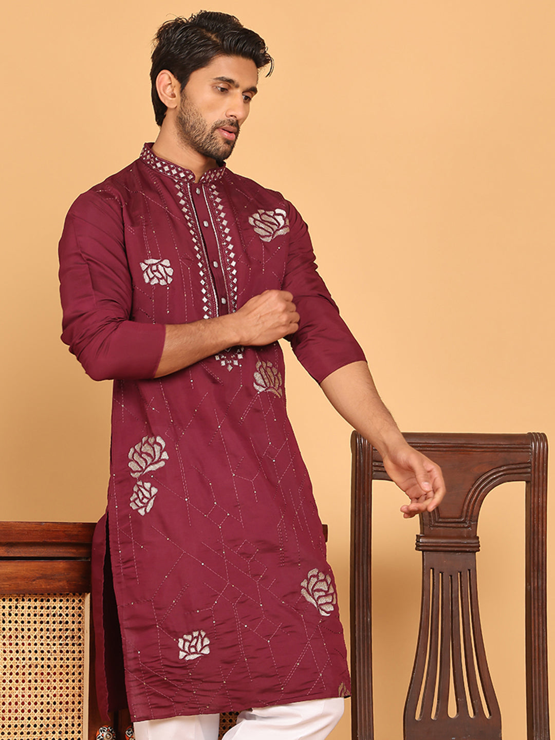 Men's Sequins and Embroidered Kurtas. ( KO 5159 Wine )
