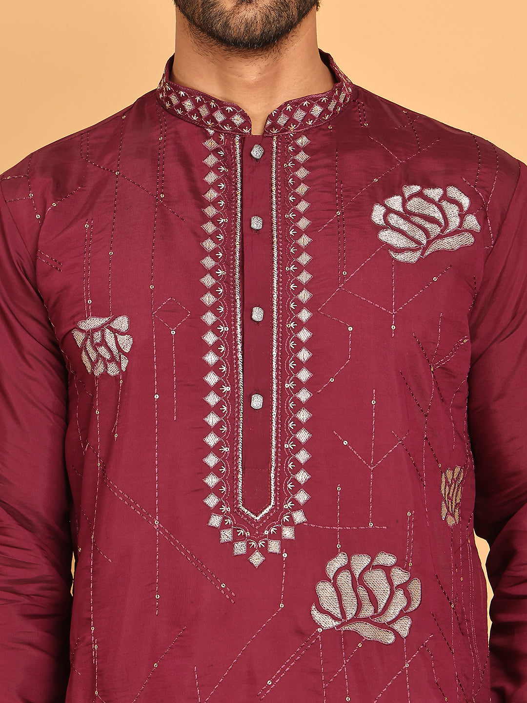 Men's Sequins and Embroidered Kurtas. ( KO 5159 Wine )