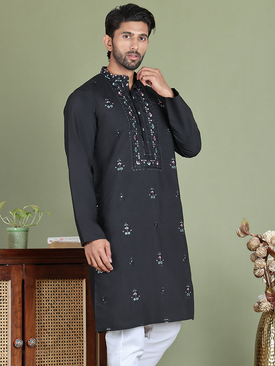 Men's Embroidered and Sequence Work Kurtas ( ko 5160Black )