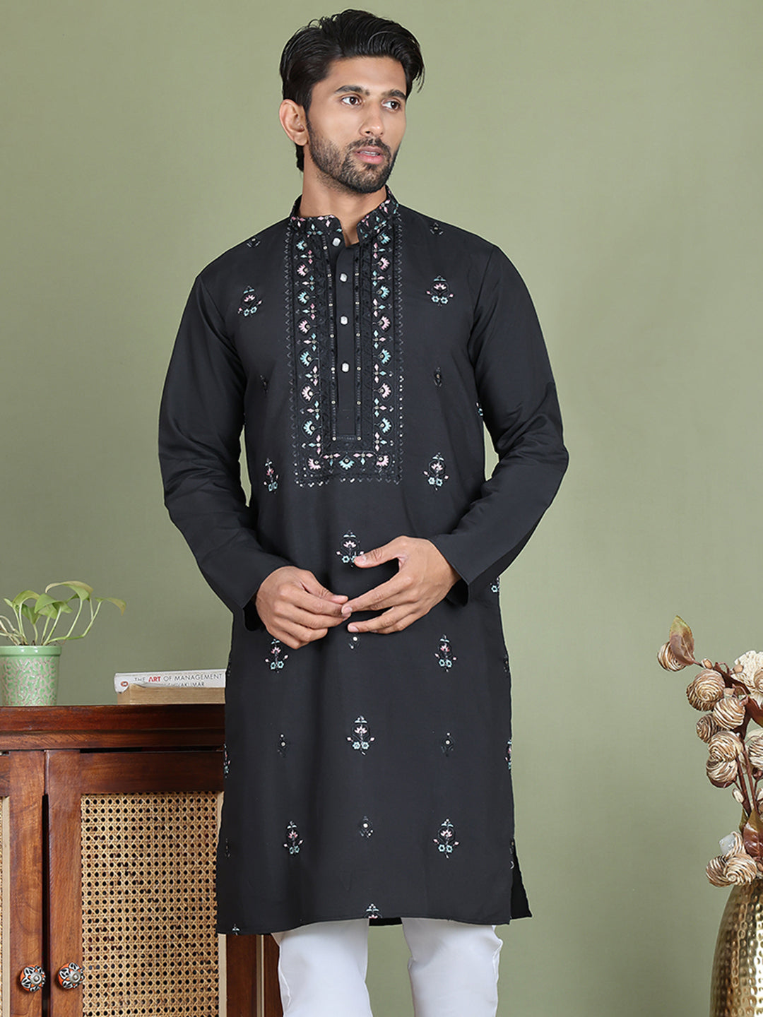 Men's Embroidered and Sequence Work Kurtas ( ko 5160Black )