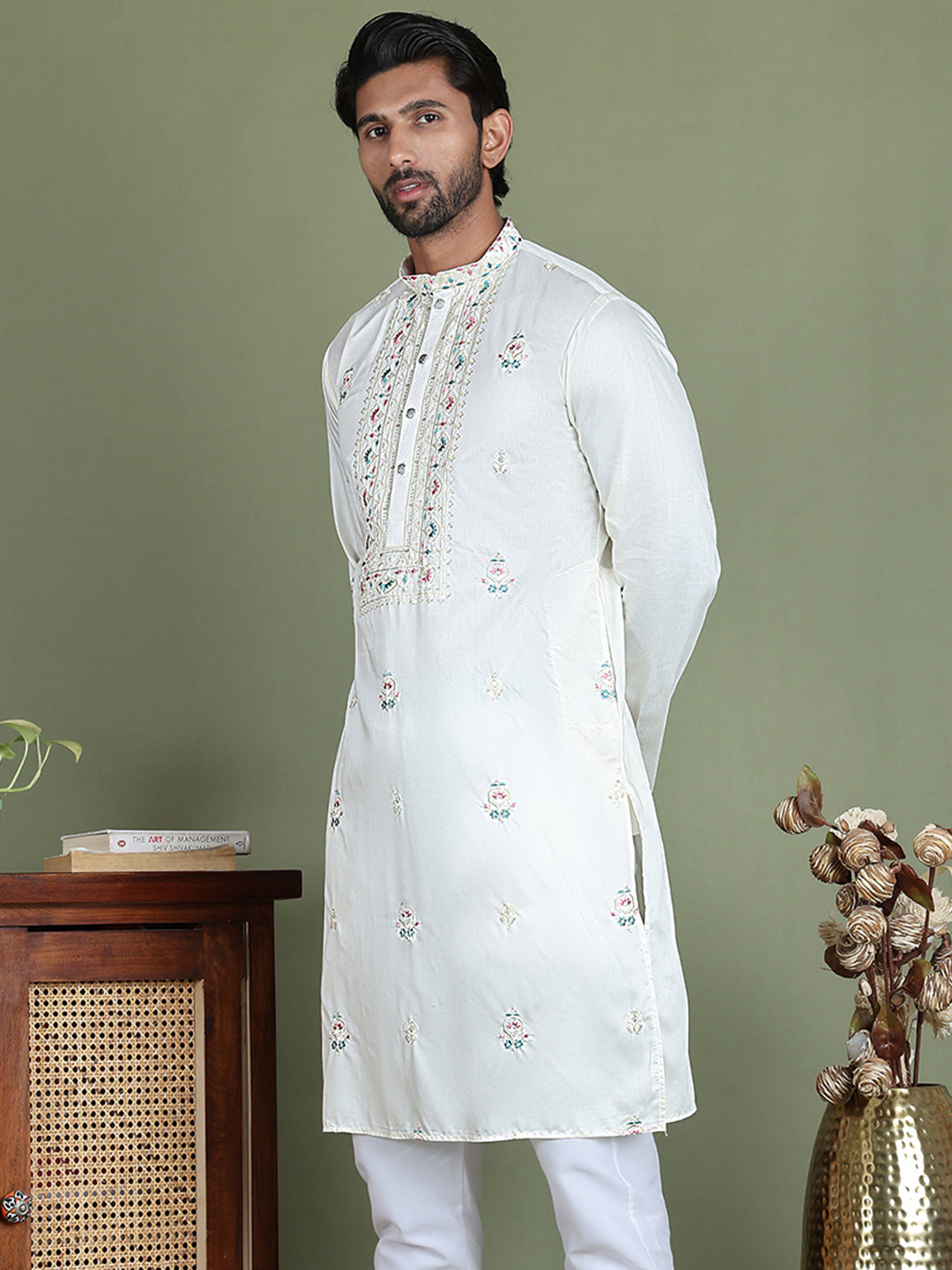 Men's Embroidered and Sequence Work Kurtas ( ko 5160White )