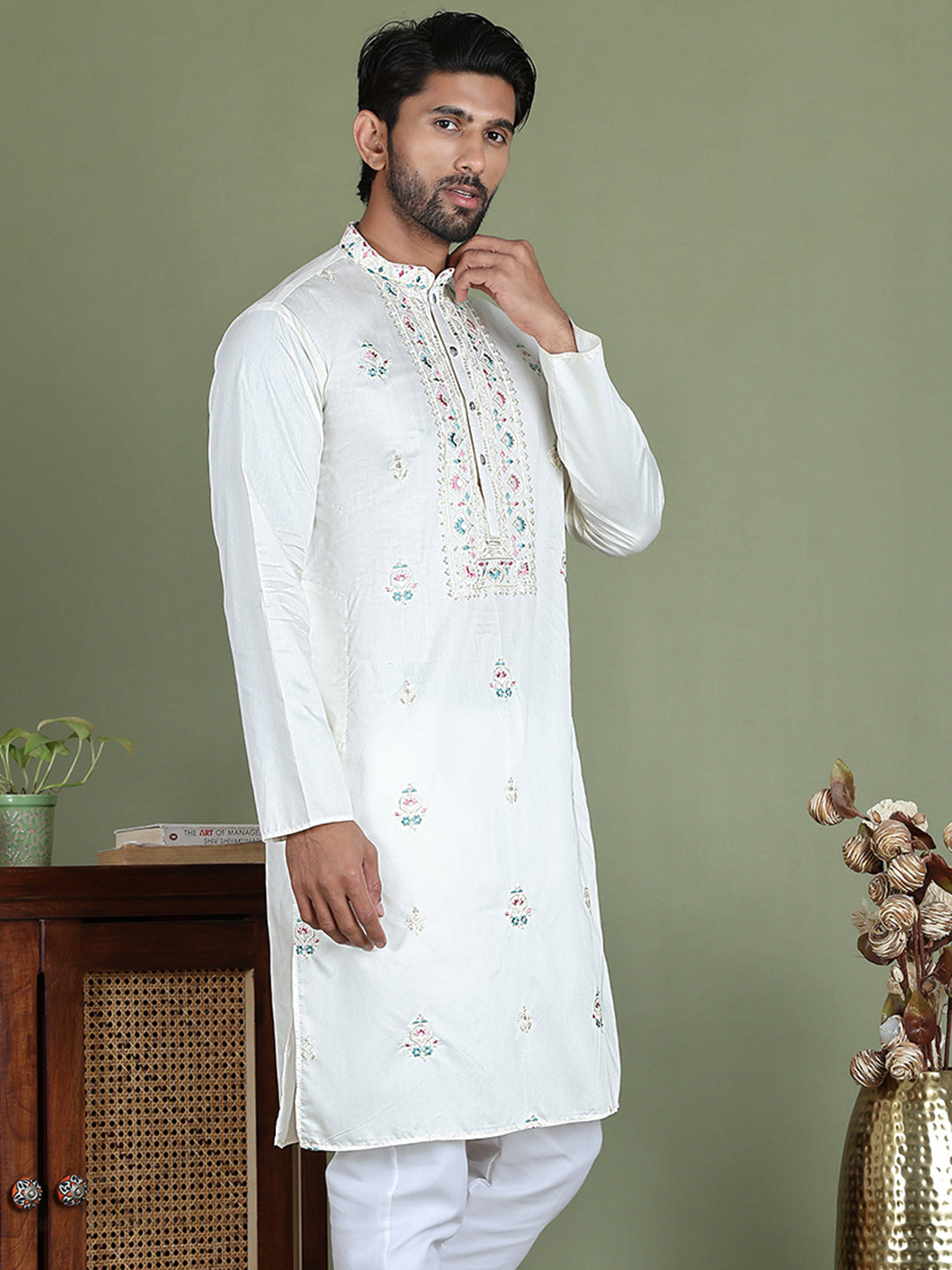 Men's Embroidered and Sequence Work Kurtas ( ko 5160White )