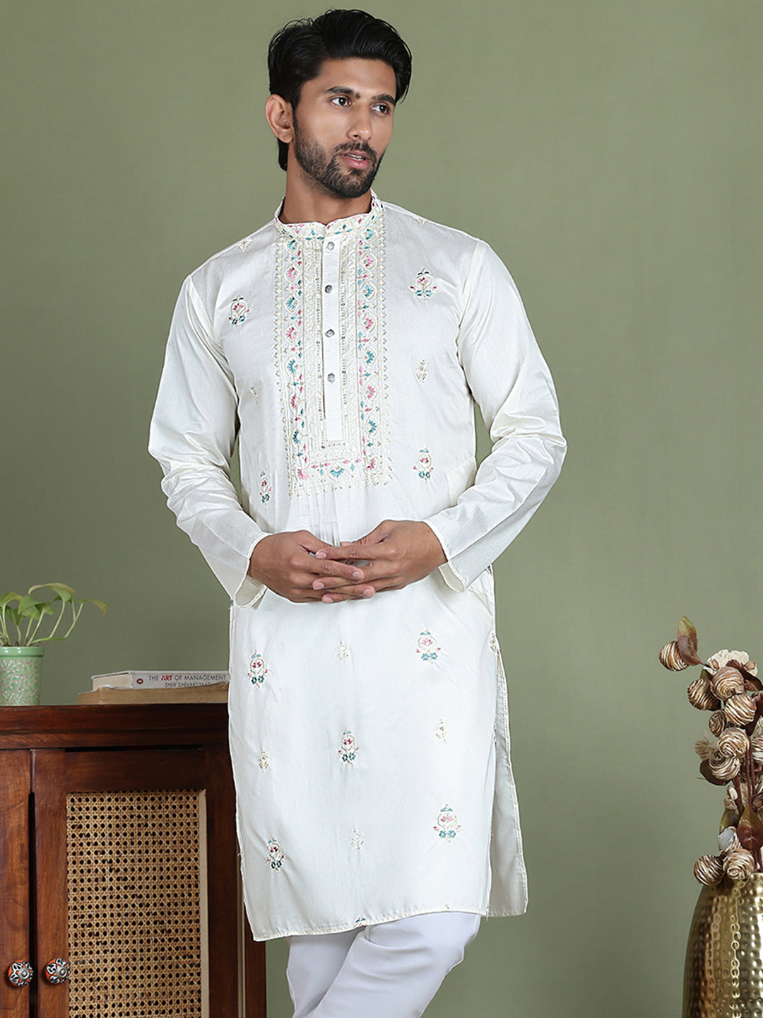Men's Embroidered and Sequence Work Kurtas ( ko 5160White )