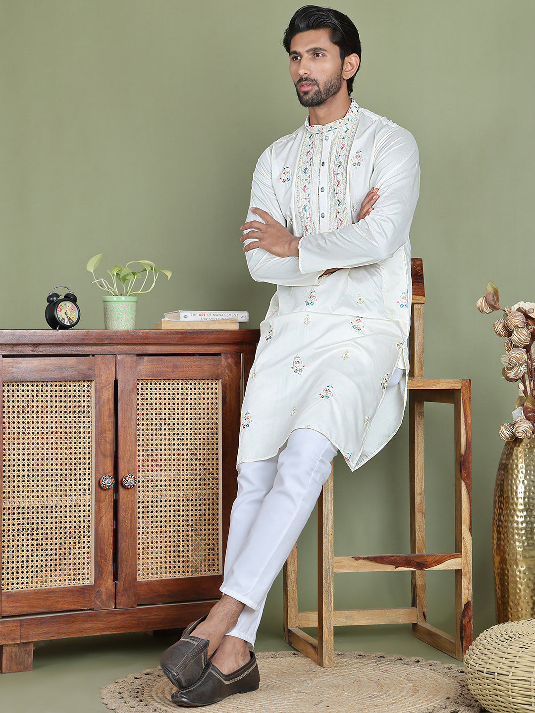 Men's Embroidered and Sequence Work Kurtas ( ko 5160White )