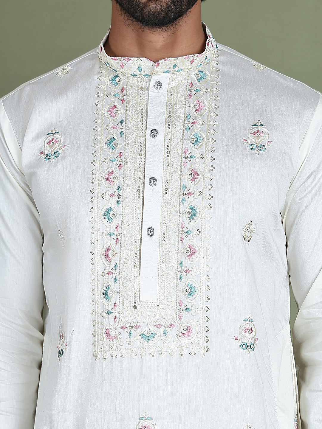 Men's Embroidered and Sequence Work Kurtas ( ko 5160White )