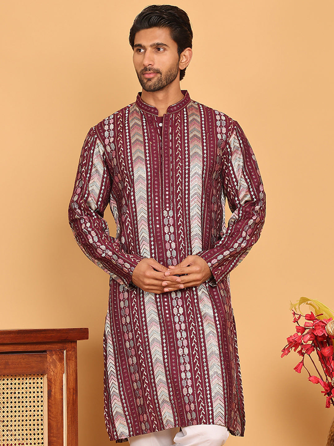 Embroidered and Sequins Kurtas for Men ( KO 5161 Maroon )