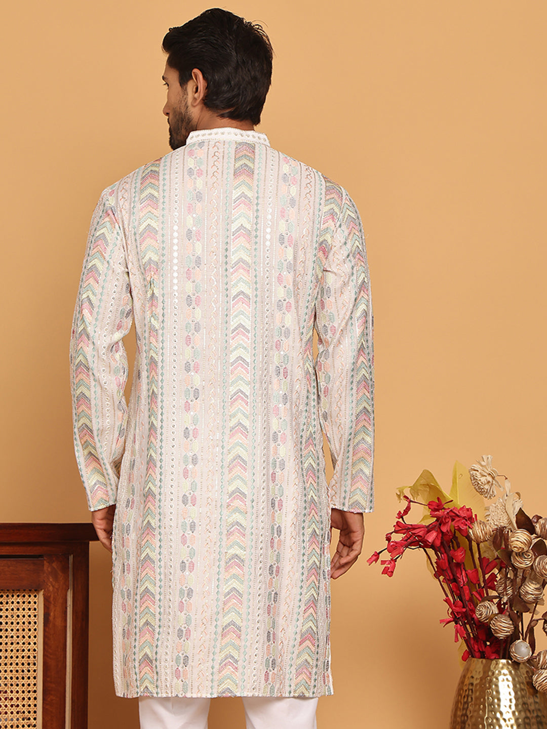 Embroidered and Sequins Kurtas for Men ( KO 5161 White )