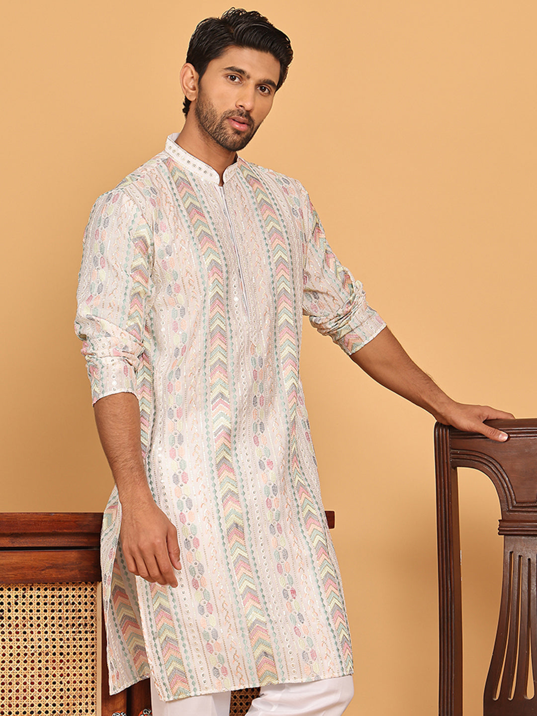 Embroidered and Sequins Kurtas for Men ( KO 5161 White )