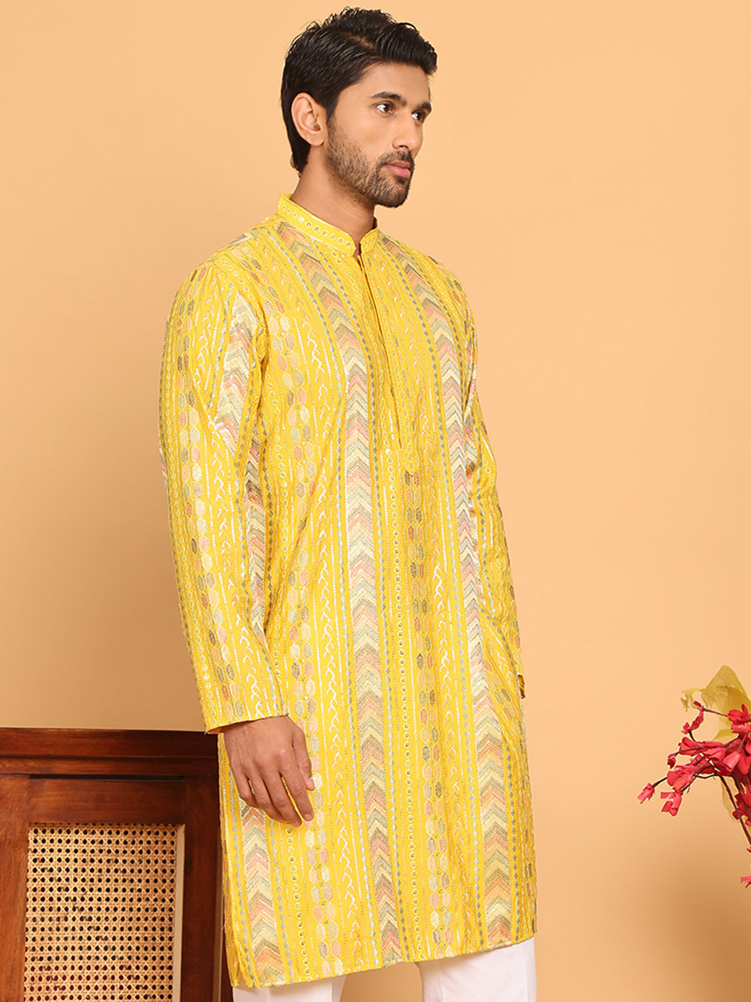Embroidered and Sequins Kurtas for Men ( KO 5161 Yellow )
