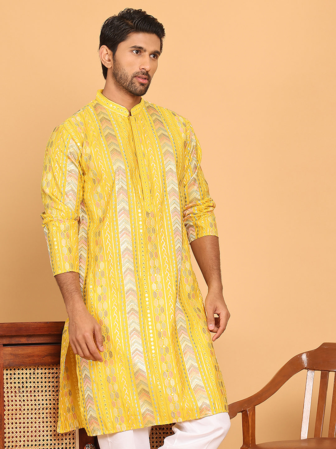 Embroidered and Sequins Kurtas for Men ( KO 5161 Yellow )