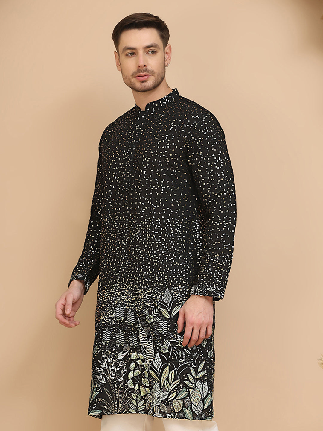 Embroidered and Sequins Silk Blend Kurtas ( KO 5169 Black )