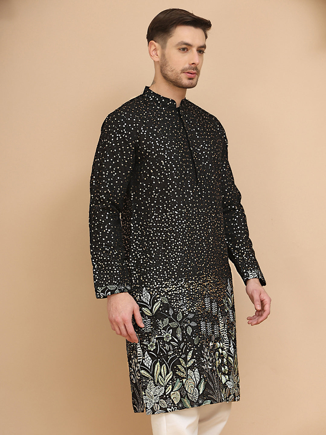 Embroidered and Sequins Silk Blend Kurtas ( KO 5169 Black )