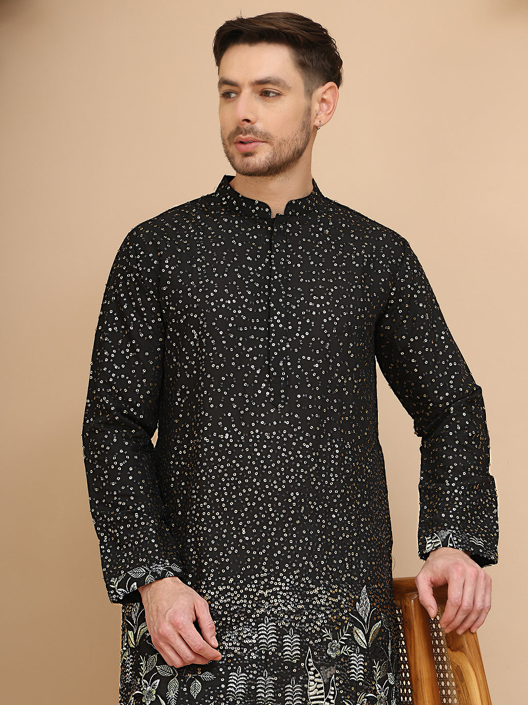 Embroidered and Sequins Silk Blend Kurtas ( KO 5169 Black )