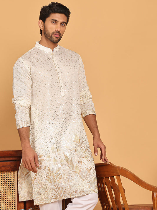 Embroidered and Sequins Silk Blend Kurtas. ( KO 5169 White )