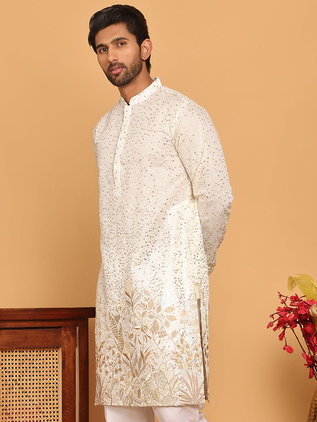 Embroidered and Sequins Silk Blend Kurtas. ( KO 5169 White )