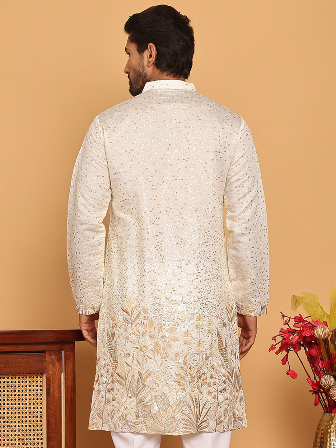 Embroidered and Sequins Silk Blend Kurtas. ( KO 5169 White )