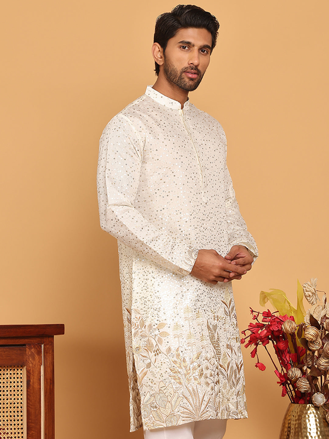 Embroidered and Sequins Silk Blend Kurtas. ( KO 5169 White )