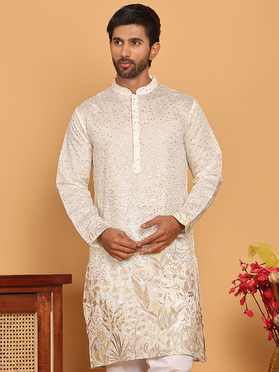 Embroidered and Sequins Silk Blend Kurtas. ( KO 5169 White )