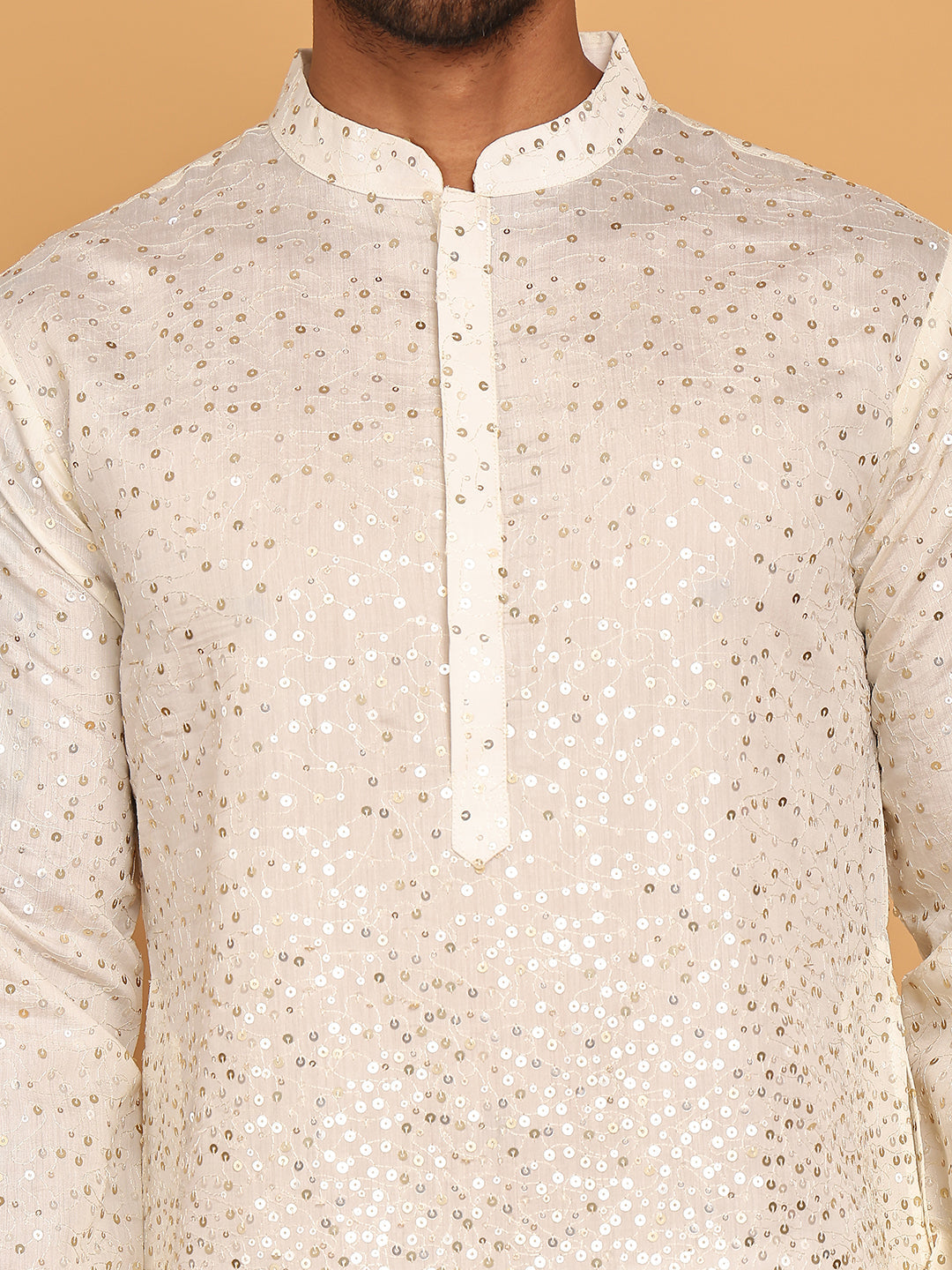 Embroidered and Sequins Silk Blend Kurtas. ( KO 5169 White )