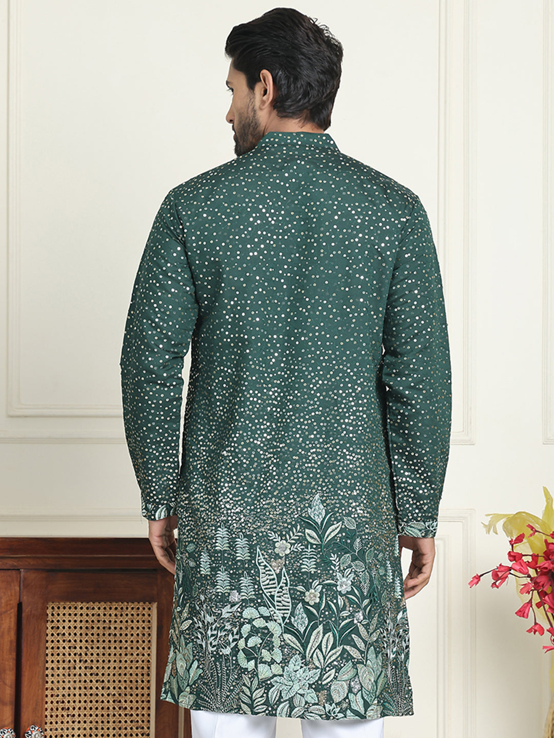 Embroidered and Sequins Silk Blend Kurtas. ( KO 5169 Olive )