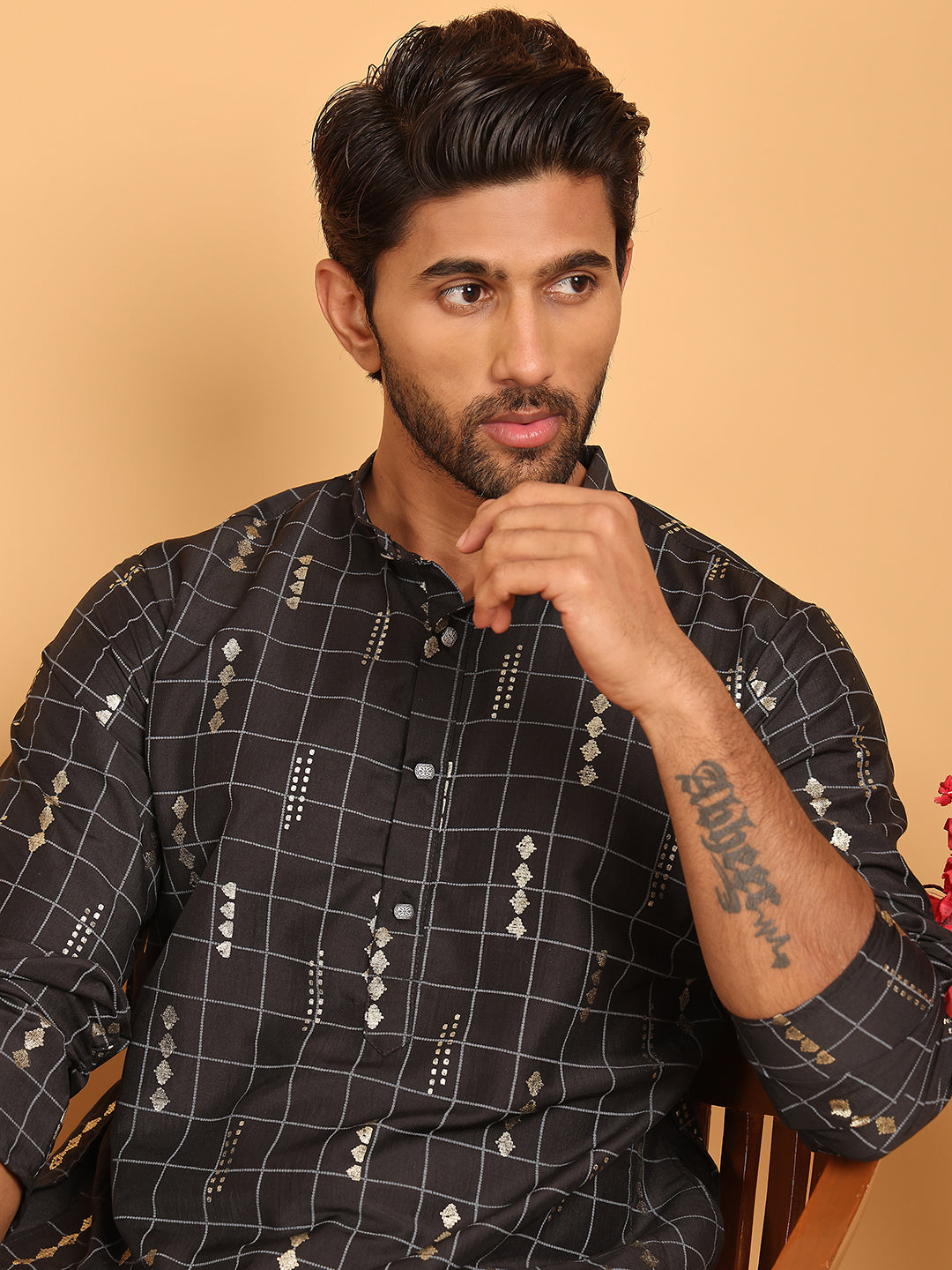 Foil Printed Straight Kurtas For Men ( KO 5170 Black )