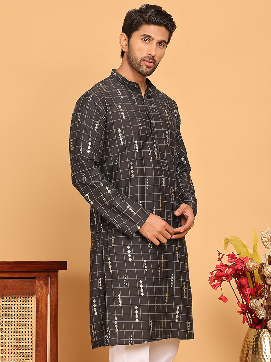 Foil Printed Straight Kurtas For Men ( KO 5170 Black )