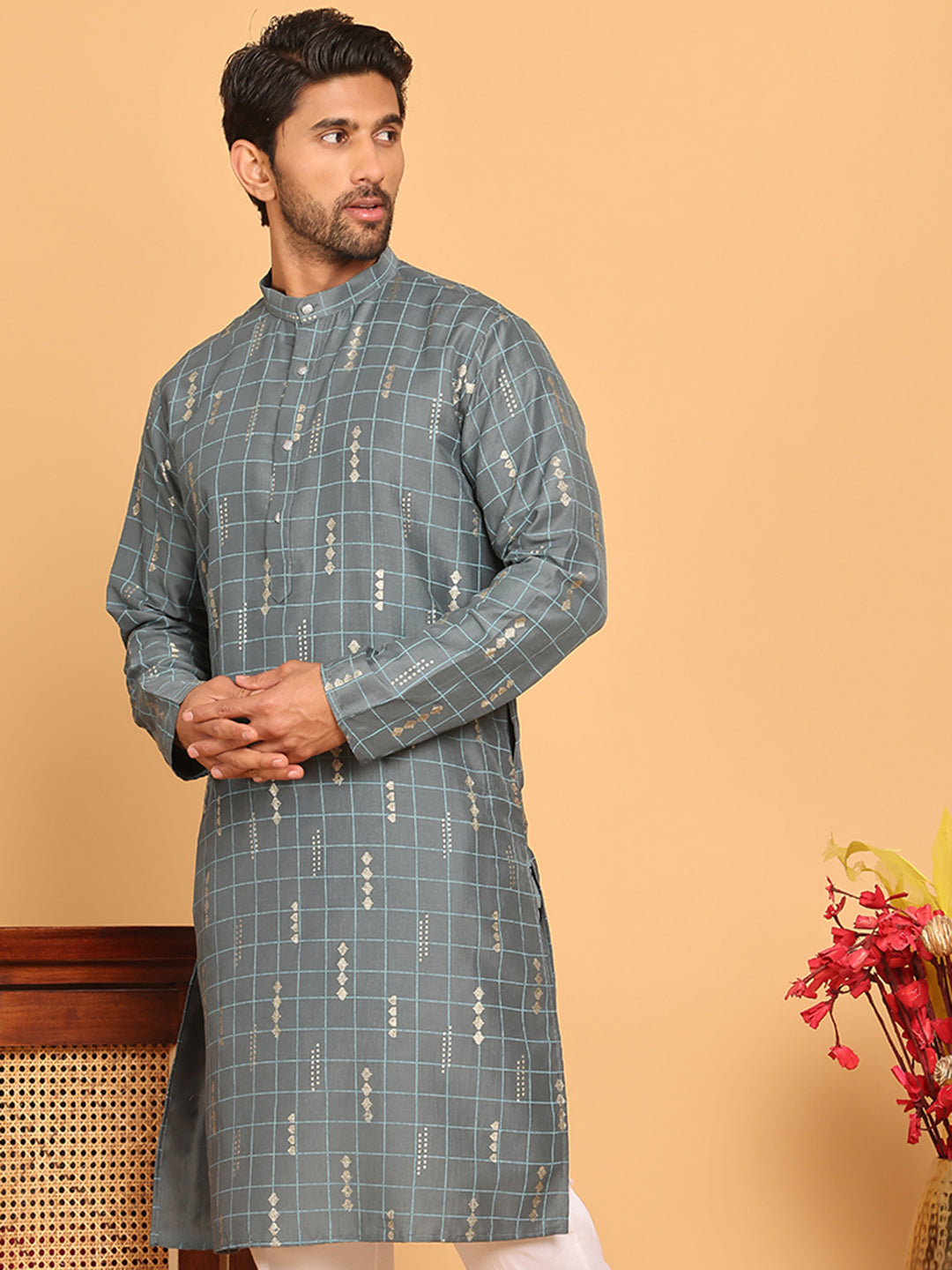 Foil Printed Straight Kurtas For Men ( KO 5170 Grey )