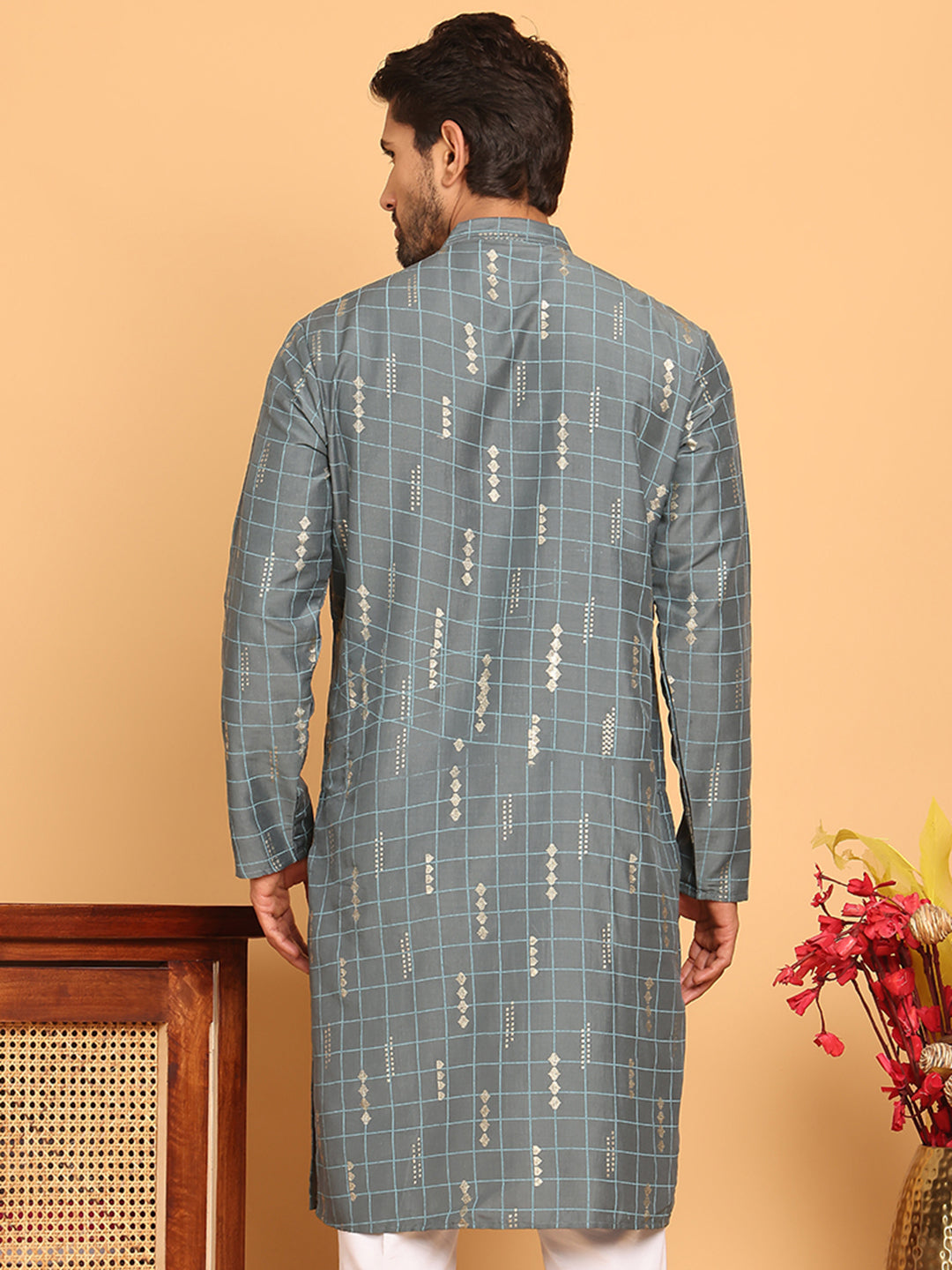 Foil Printed Straight Kurtas For Men ( KO 5170 Grey )