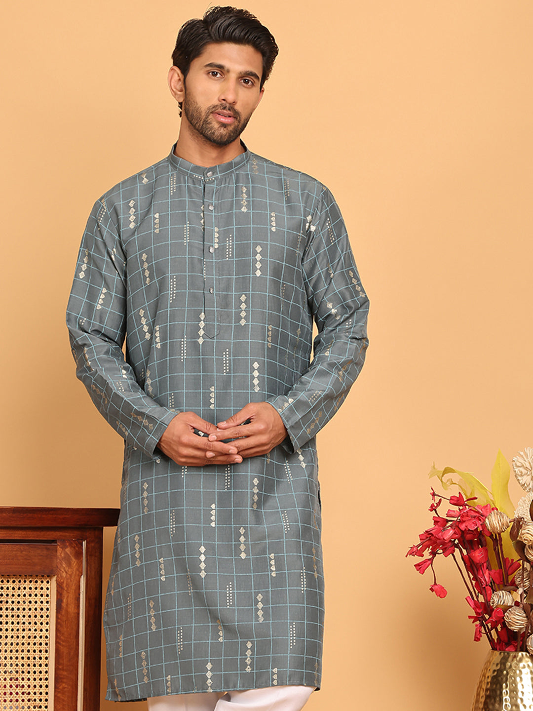 Foil Printed Straight Kurtas For Men ( KO 5170 Grey )