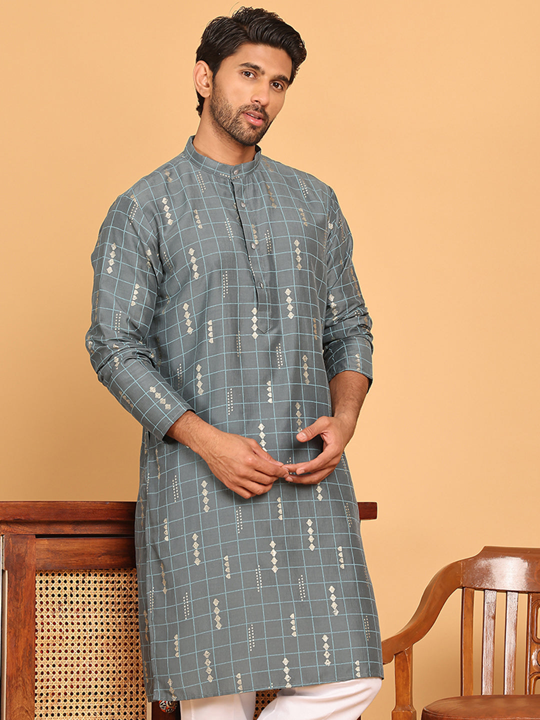 Foil Printed Straight Kurtas For Men ( KO 5170 Grey )