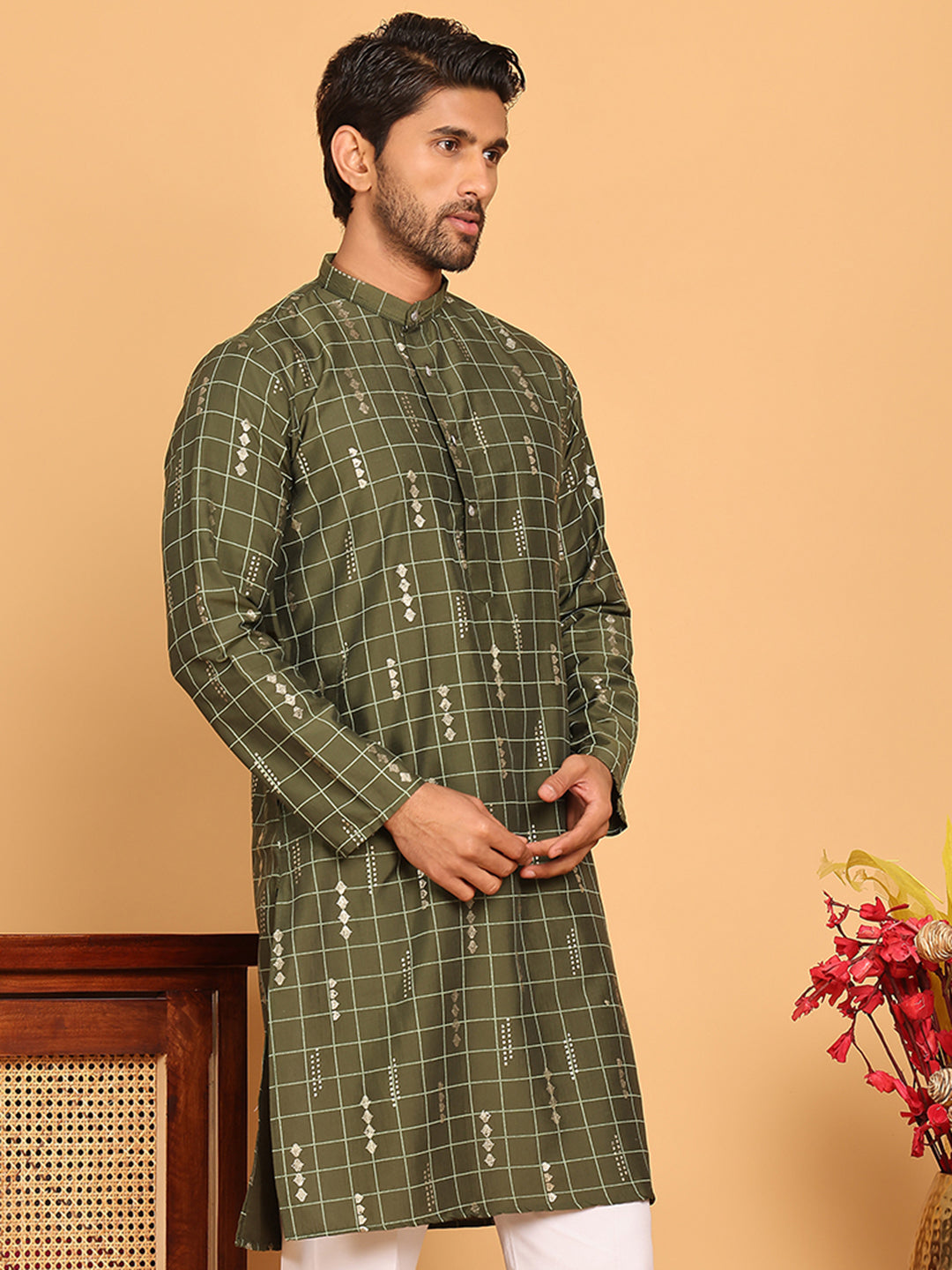 Foil Printed Straight Kurtas For Men ( KO 5170 Olive )
