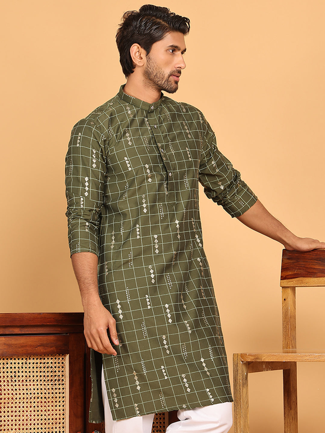 Foil Printed Straight Kurtas For Men ( KO 5170 Olive )