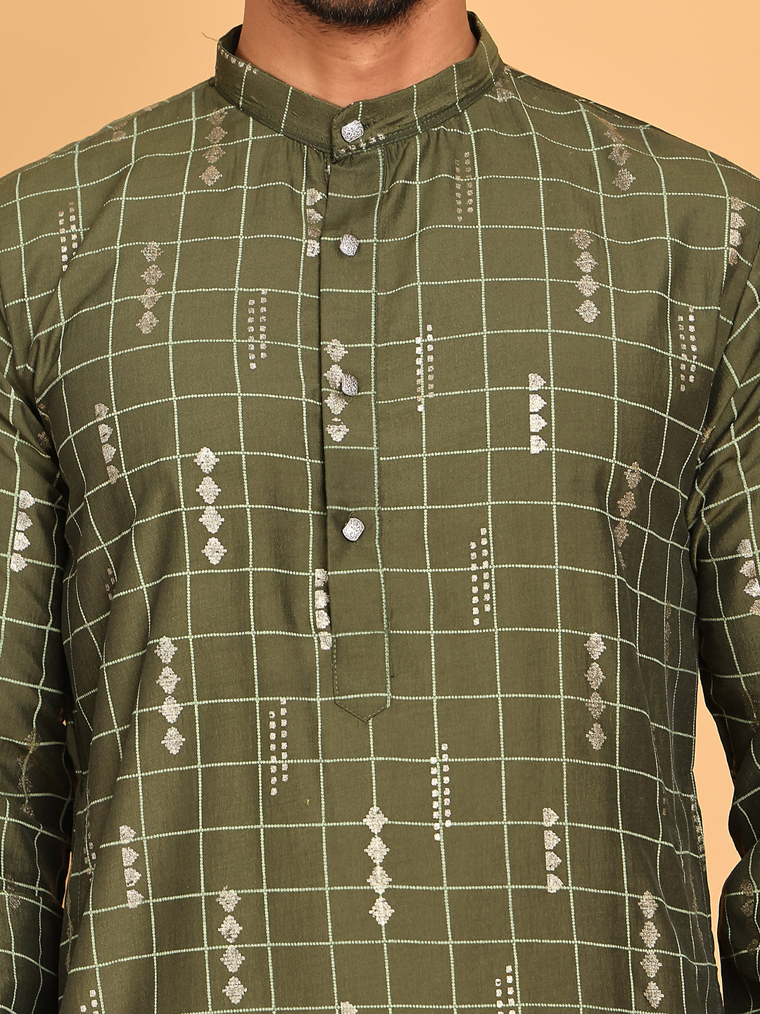 Foil Printed Straight Kurtas For Men ( KO 5170 Olive )