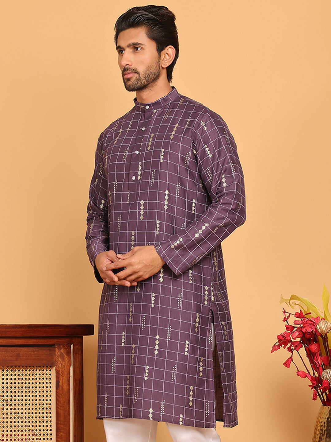 Foil Printed Straight Kurtas For Men ( KO 5170 Purple ) [FF] [I-1-4]