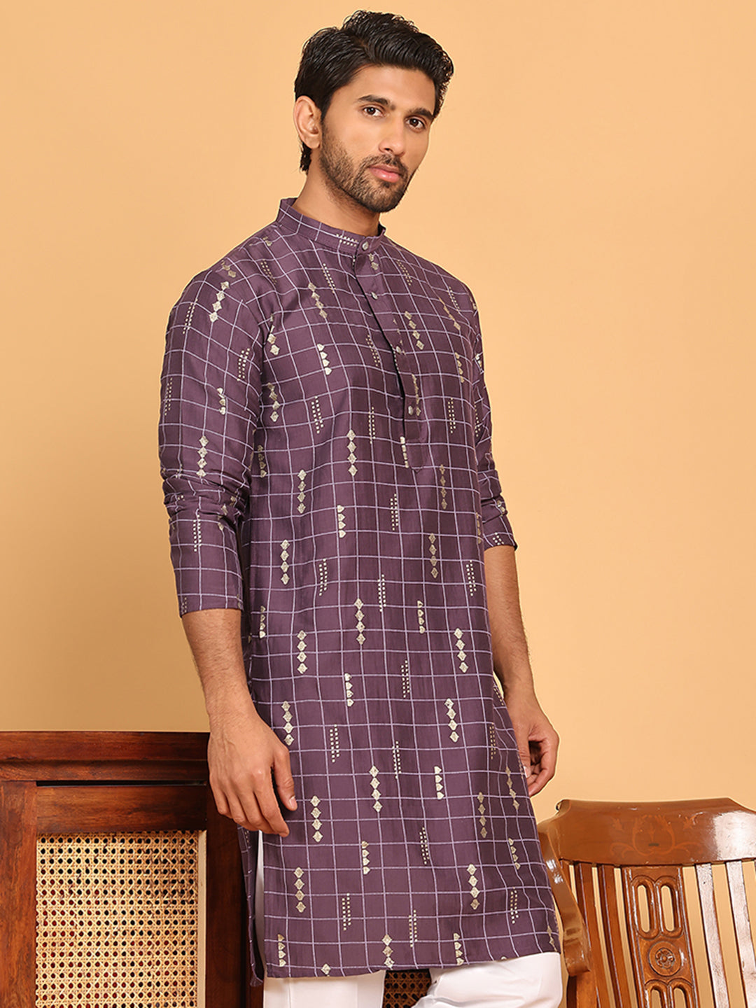 Foil Printed Straight Kurtas For Men ( KO 5170 Purple ) [FF] [I-1-4]