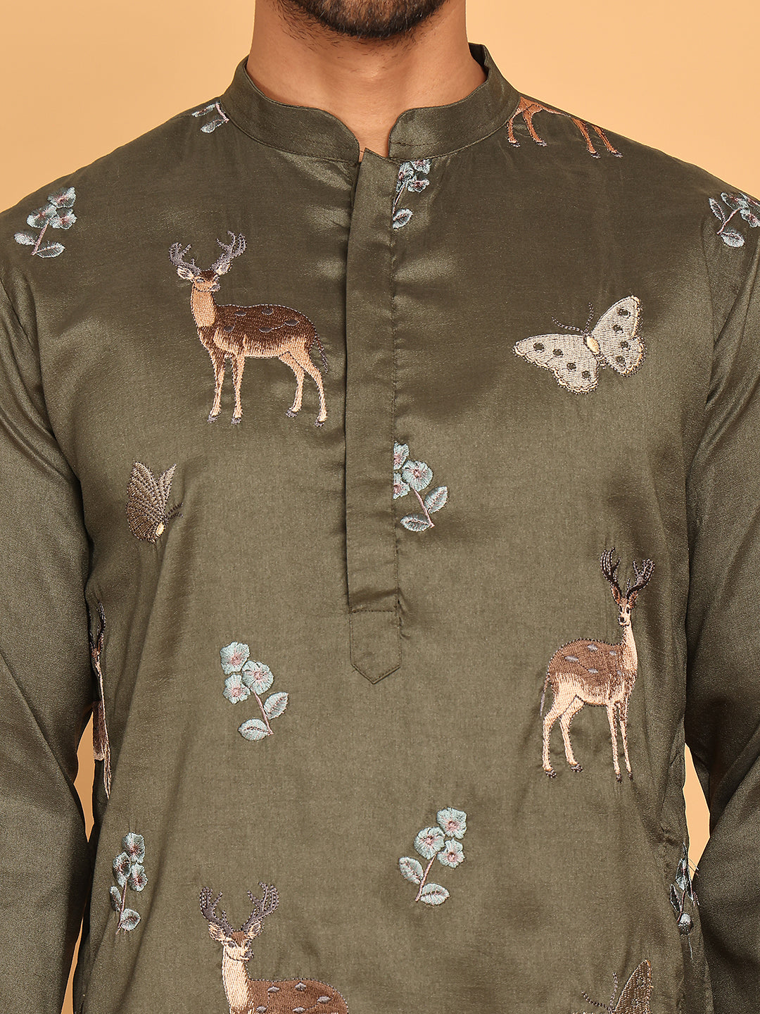 Embroidered Straight Kurtas For Men ( KO 5171 Olive )