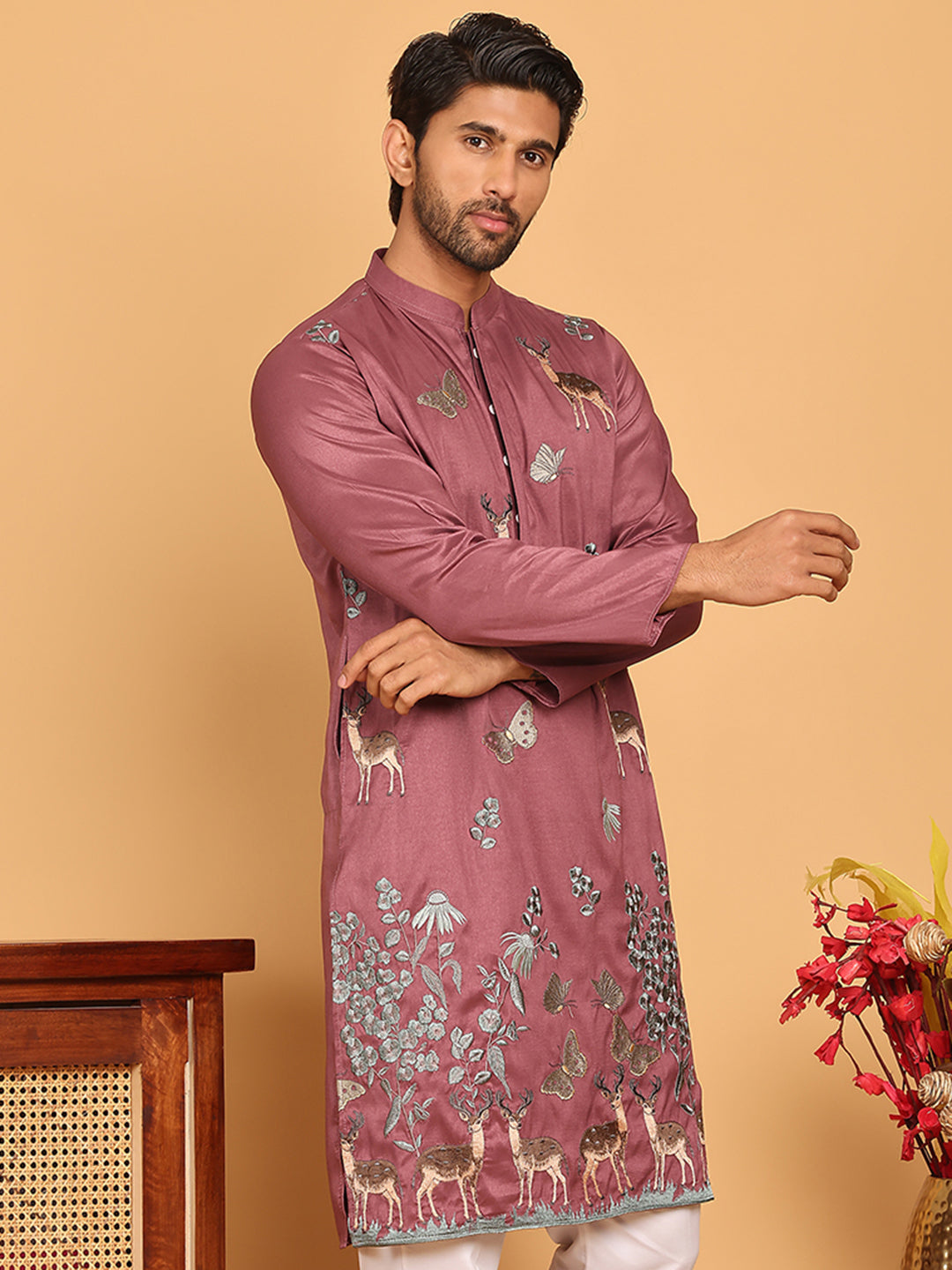 Embroidered Straight Kurtas For Men ( KO 5171 Purple )