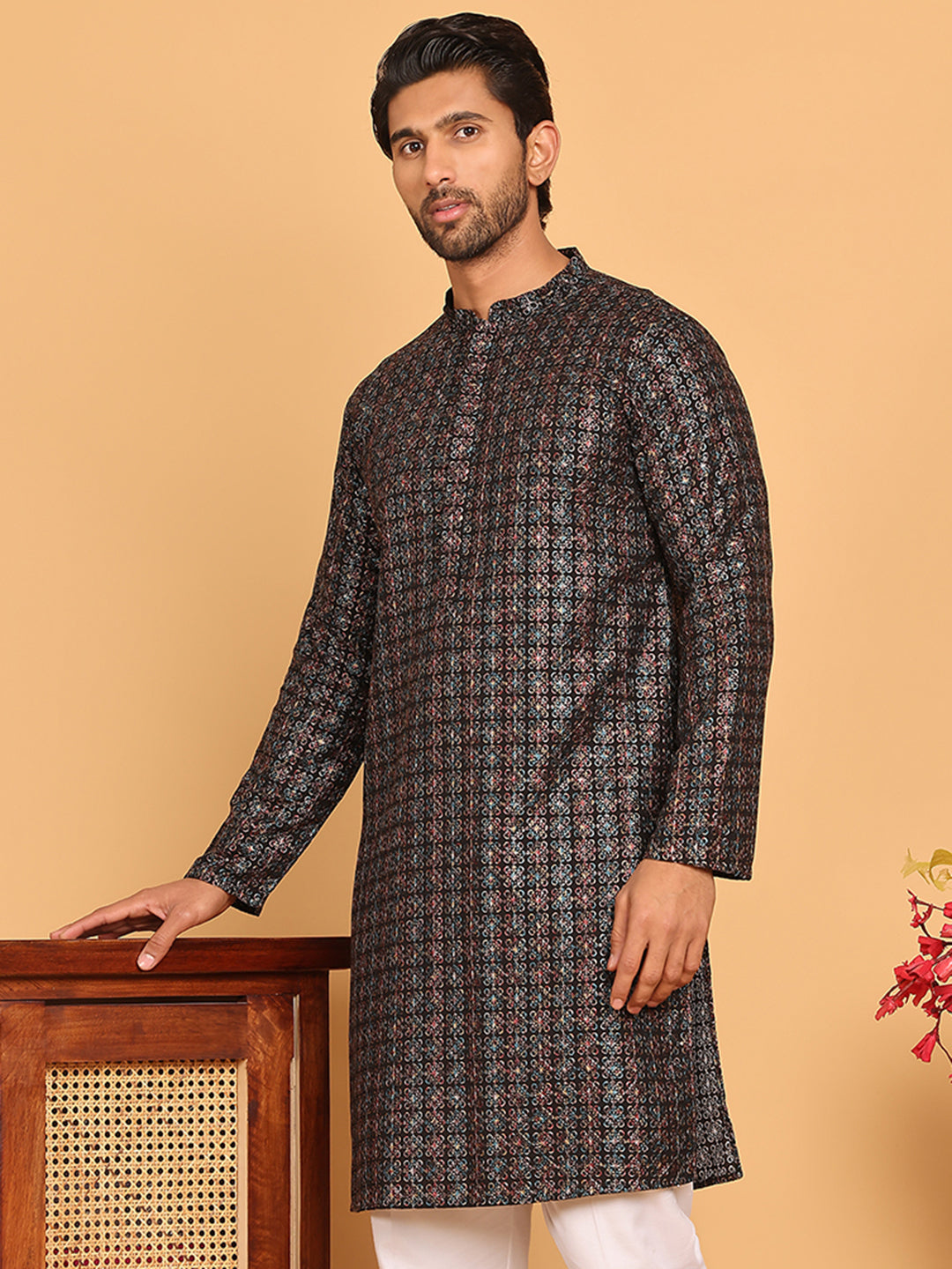 Embroidered and Sequins Viscose Rayon Kurtas For Men ( KO 5173 Blue )