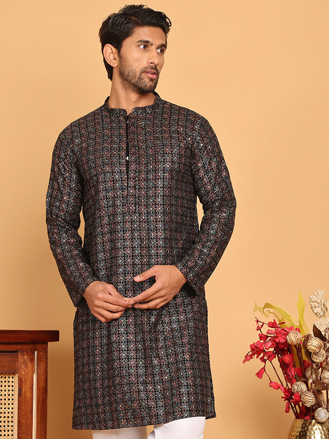 Embroidered and Sequins Viscose Rayon Kurtas For Men ( KO 5173 Blue )