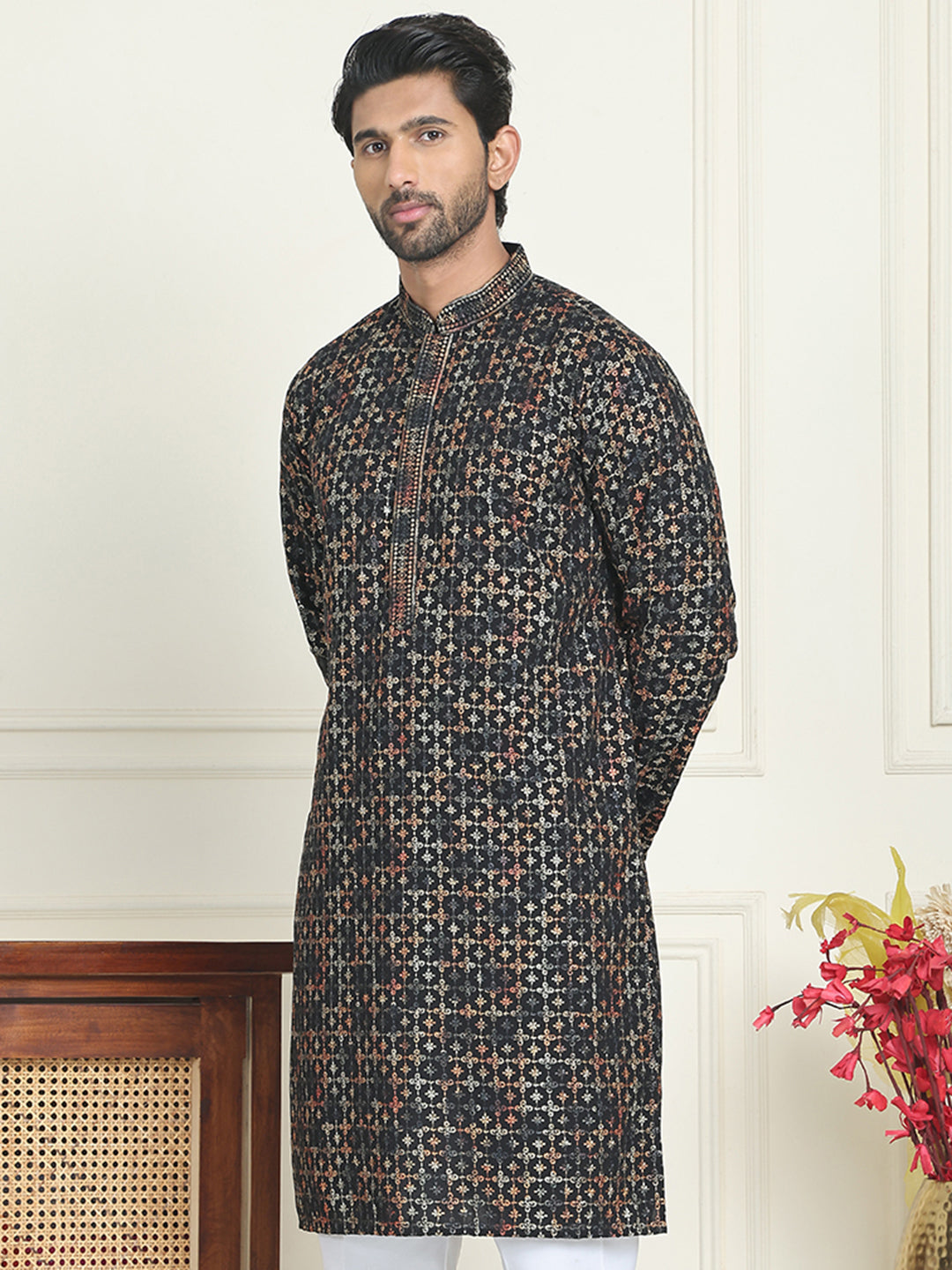 Embroidered and Sequins Viscose Rayon Kurtas For Men ( KO 5173 Yellow )