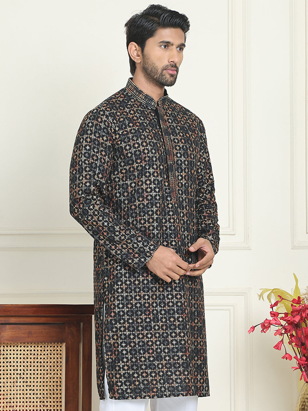 Embroidered and Sequins Viscose Rayon Kurtas For Men ( KO 5173 Yellow )