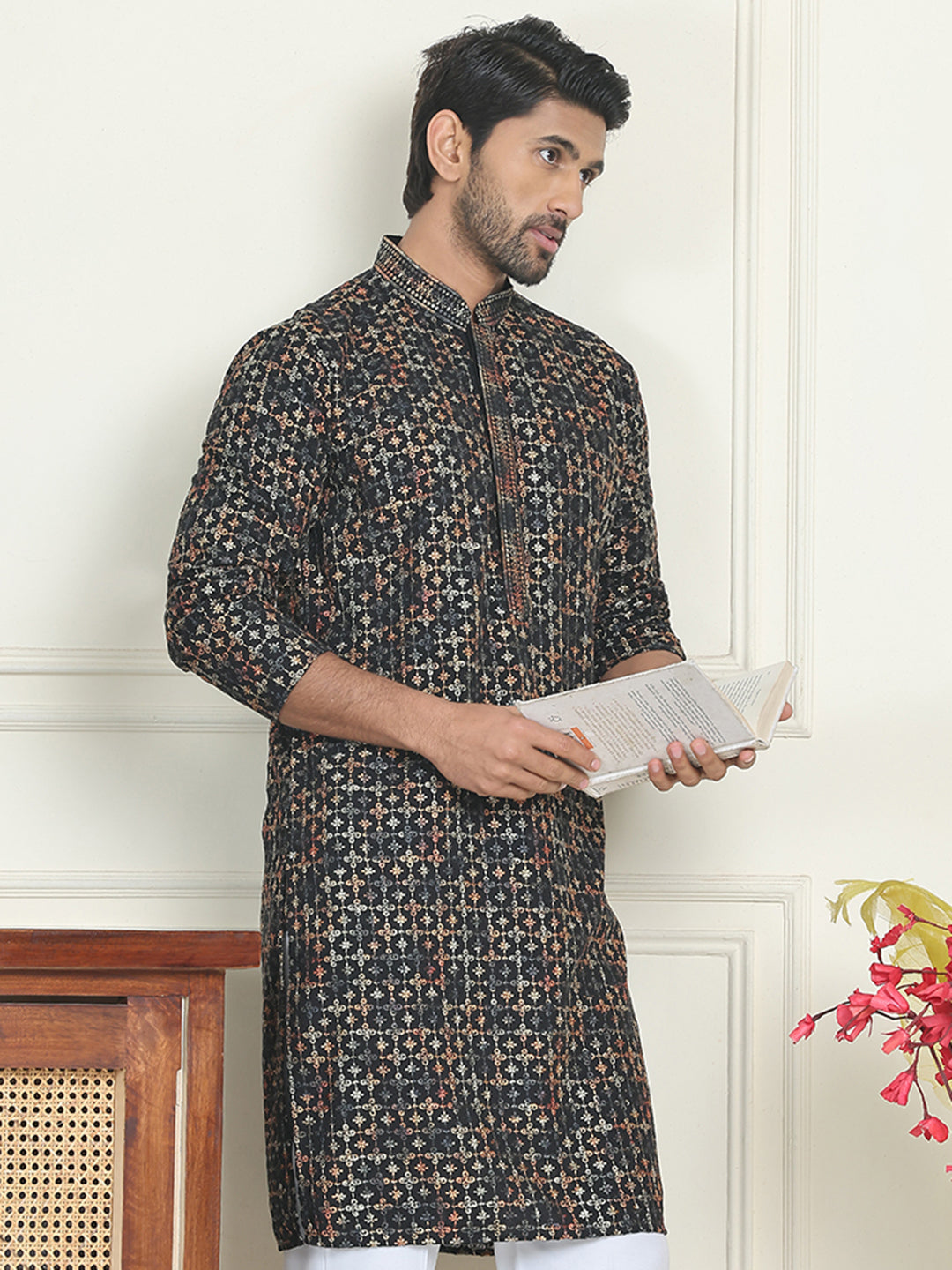 Embroidered and Sequins Viscose Rayon Kurtas For Men ( KO 5173 Yellow )
